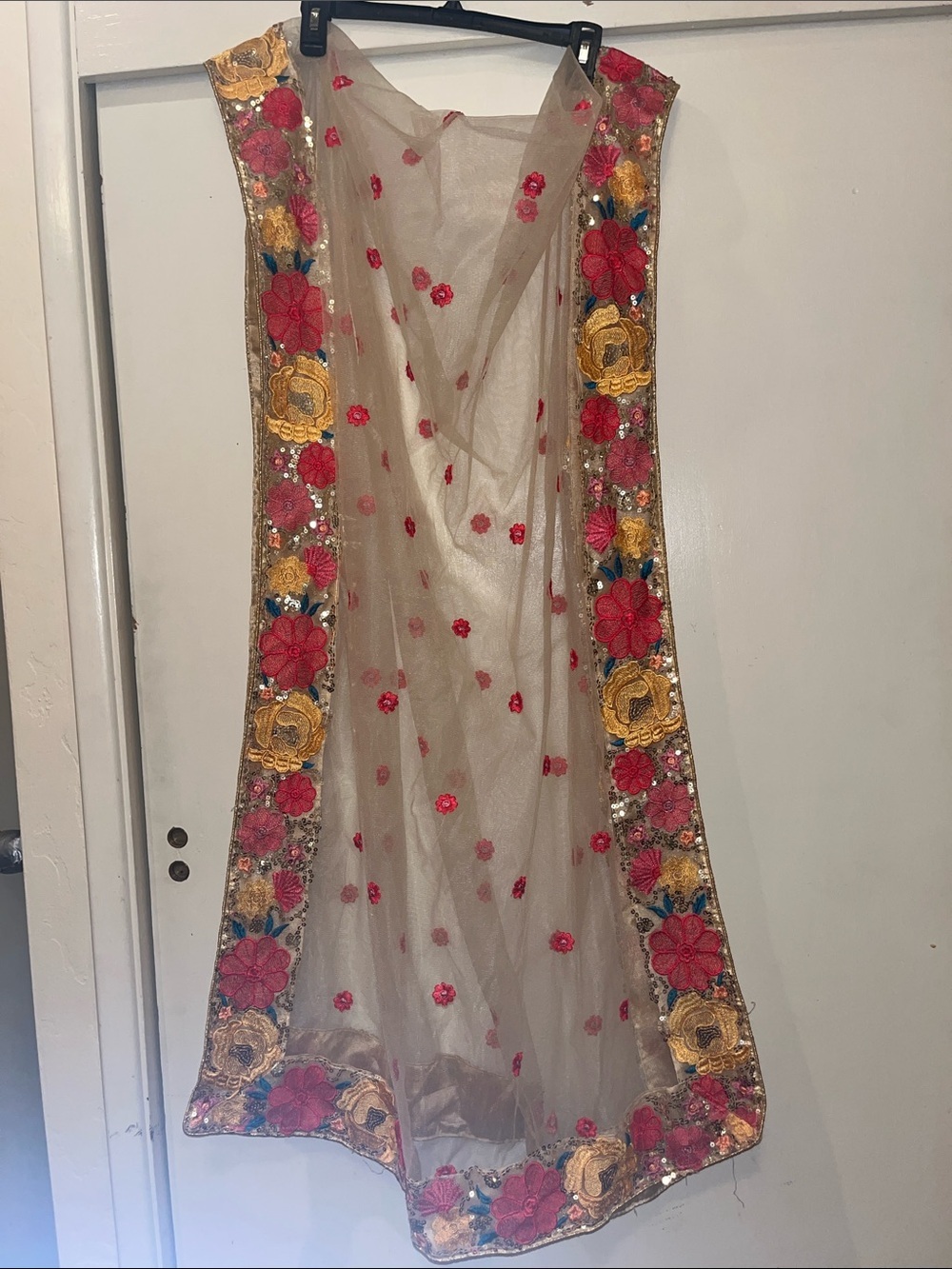 Embroidered Floral Sheer Wrap/ Scarf/ Dupatta with Gold Trim